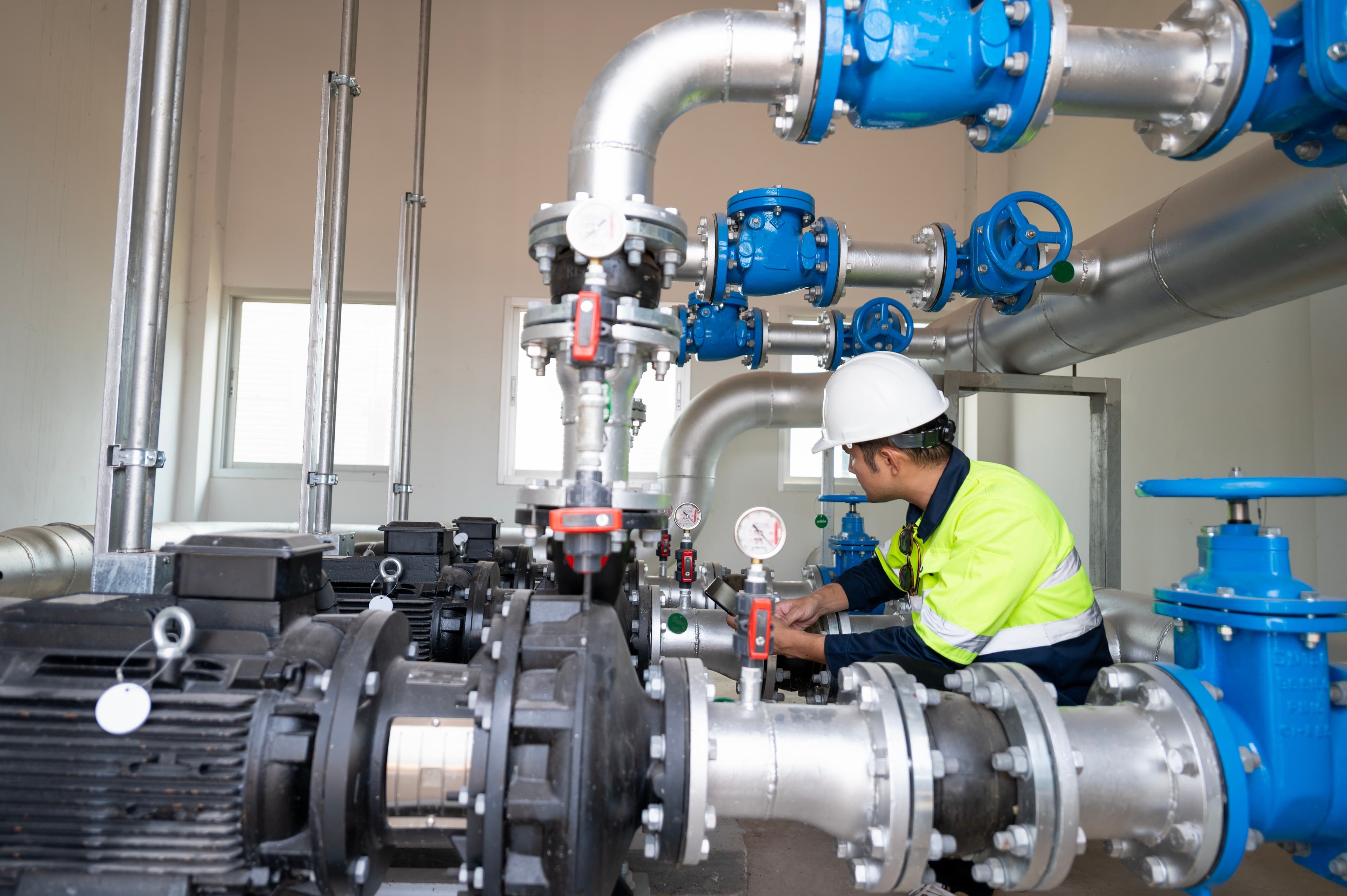 Sinospect engineer in high-visibility vest and hard hat verifying a pressure gauge on a pump installation — stainless piping, blue valves, and instrumentation visible in a clean industrial pump room.