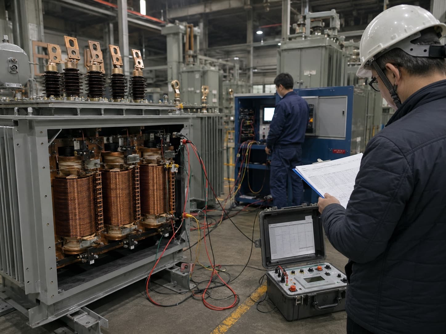 Inspector witnessing factory acceptance testing on a medium-voltage power transformer at a Chinese supplier facility, with portable test set and cabled connections in the foreground
