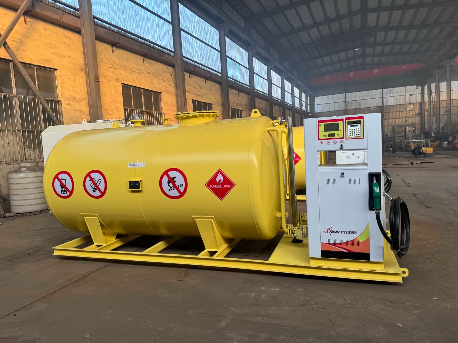 Mobile fuel dispensing skid at a Chinese supplier facility — yellow steel base with fuel tank, dispensing pump, and safety markings; equipment subject of the Sinospect inspection report.