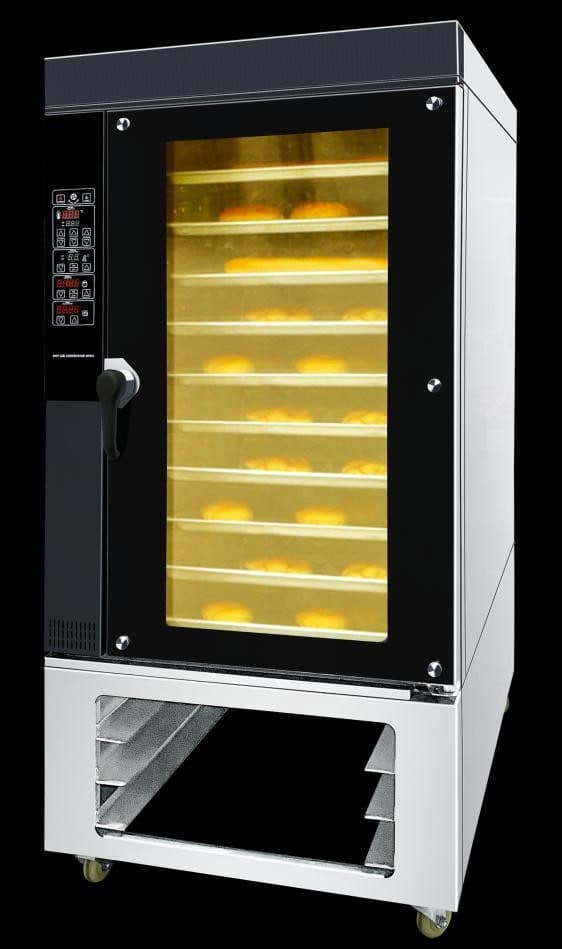 Ten-tray convection oven with a glass door and digital control panel, on a stand