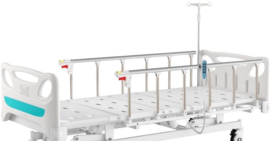 Three-function electric hospital bed with folding side rails and an IV pole