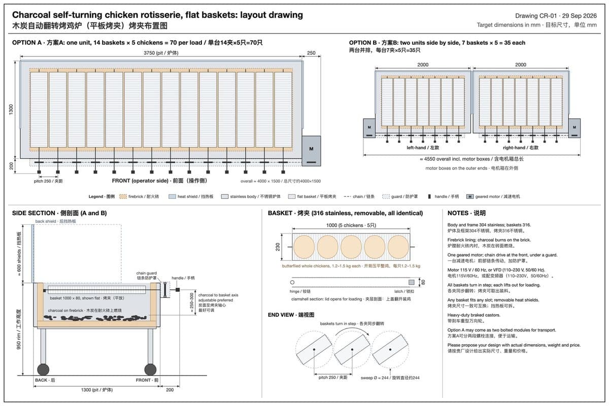 Earlier layout proposal CR-01 showing alternative rotisserie arrangements, basket, drive and firebrick section; current offered specification is qualified in the caption