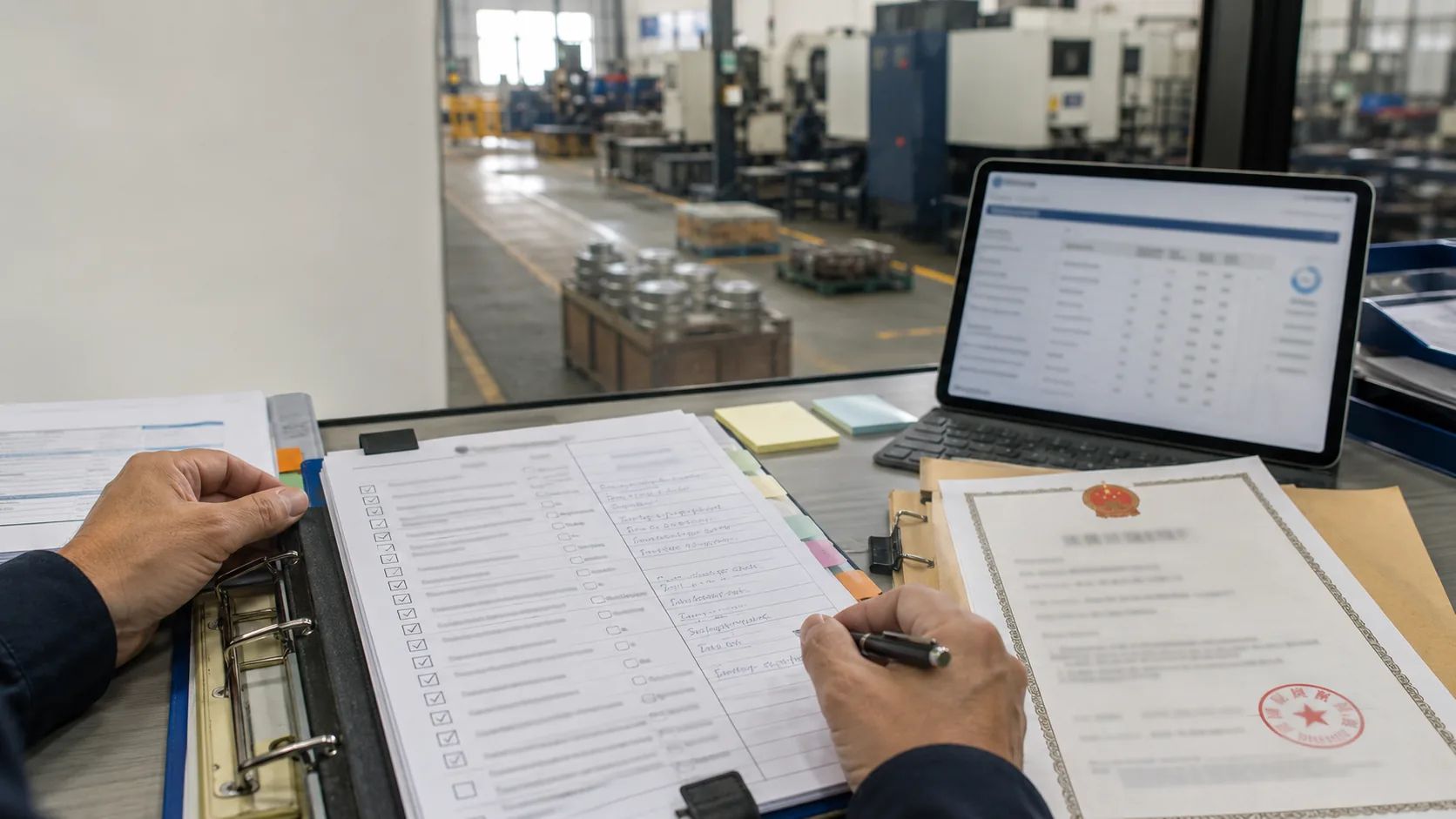 Inspector cross-checking a Chinese supplier’s certification against the issuing body’s registry