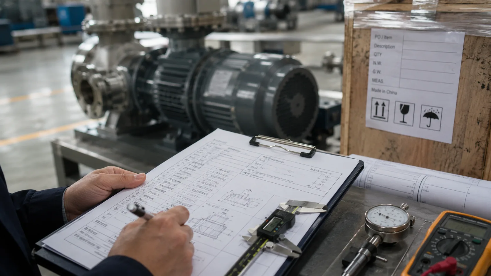 Engineers reviewing certification and shipment documentation for a China-sourced industrial equipment order