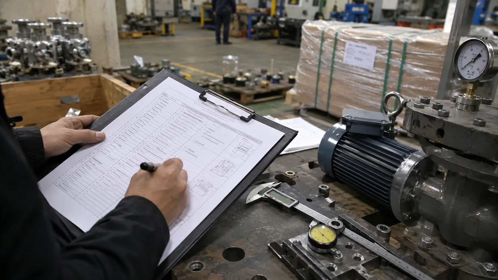 Buyer and a Sinospect representative reviewing a component against specification during a supplier meeting in China