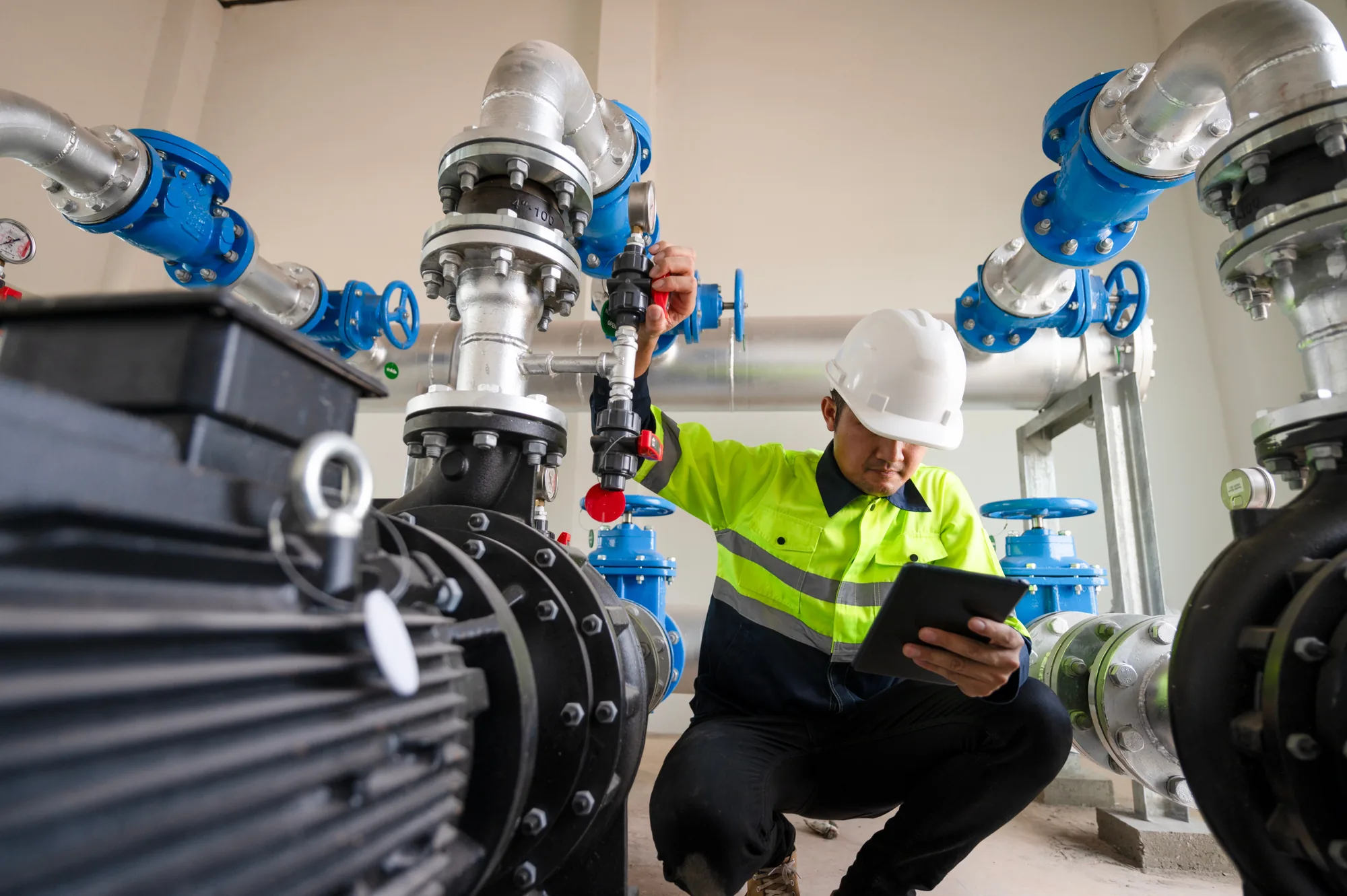 Inspector checking pipework and valve assemblies against the test plan during a factory acceptance test in China