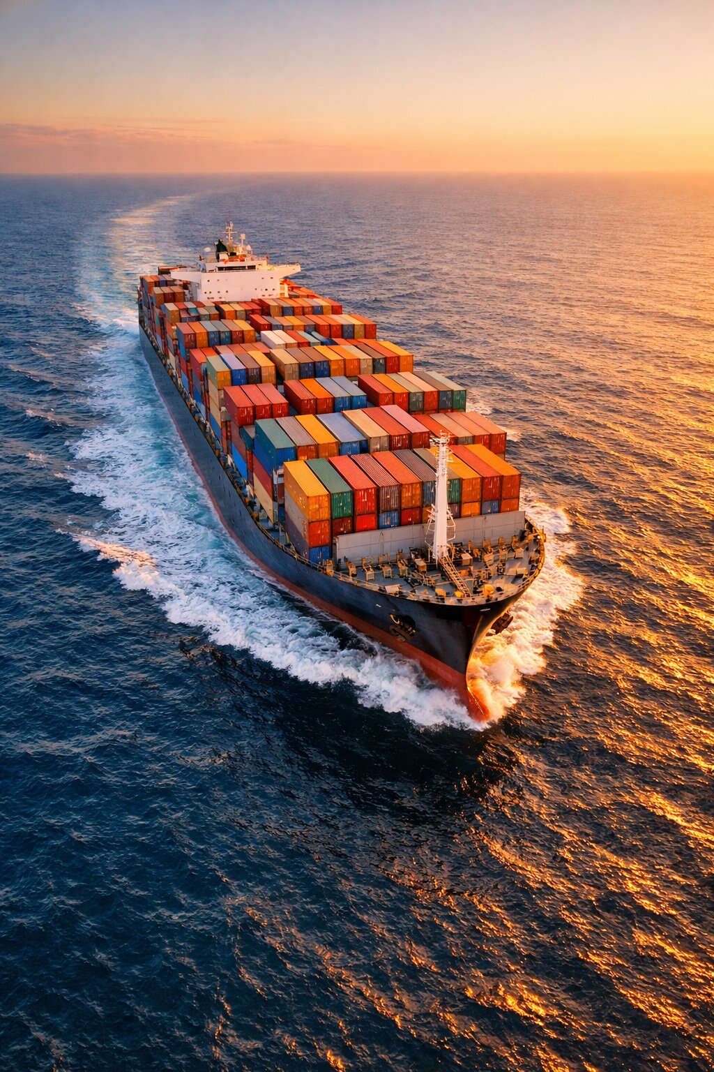 Container ship carrying industrial equipment across international waters