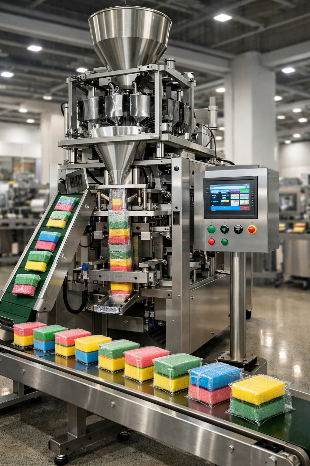 Automated packaging line - vertical sponge packing machine with multi-color products