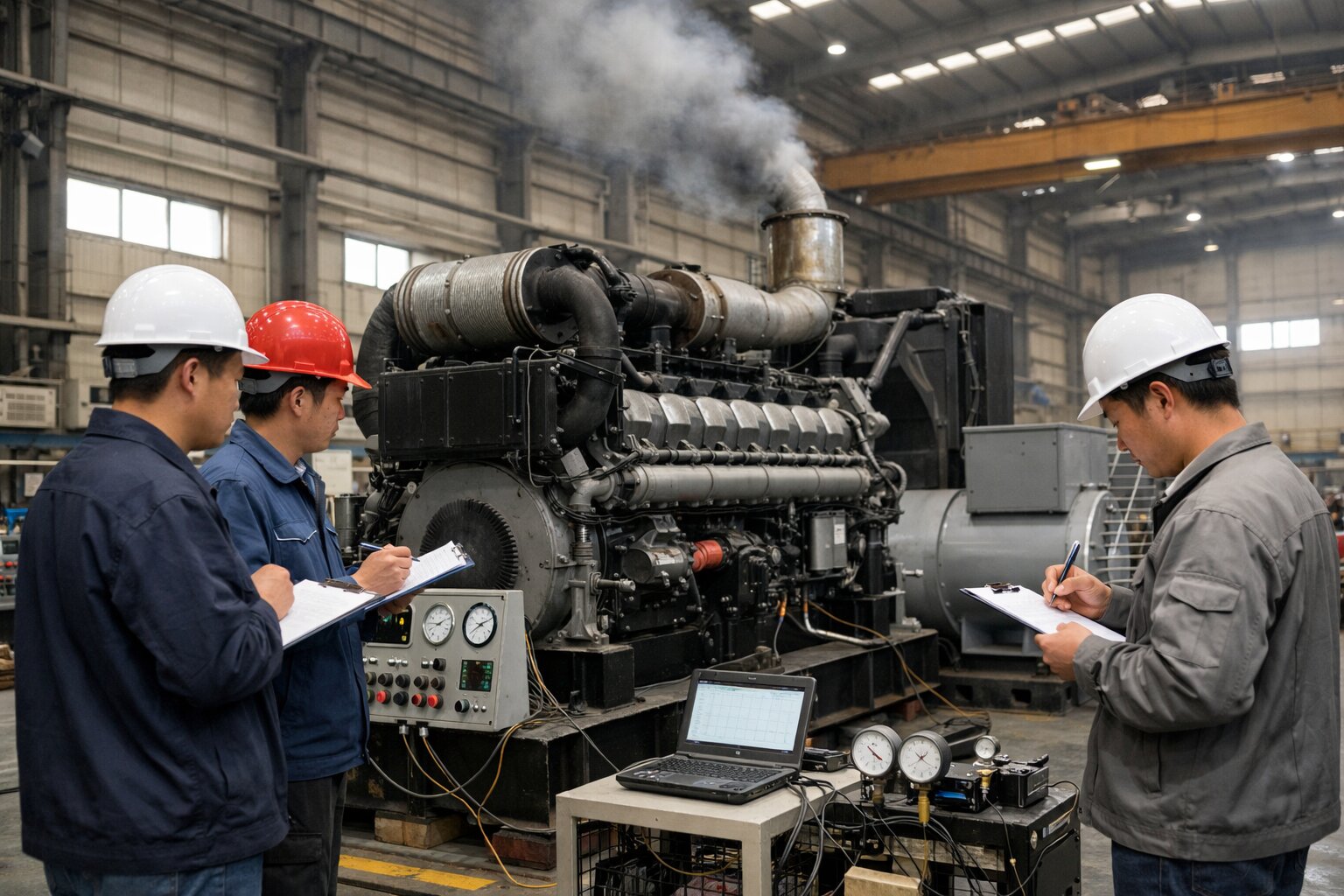 Factory acceptance test - engineers examining diesel generator at Chinese power equipment facility