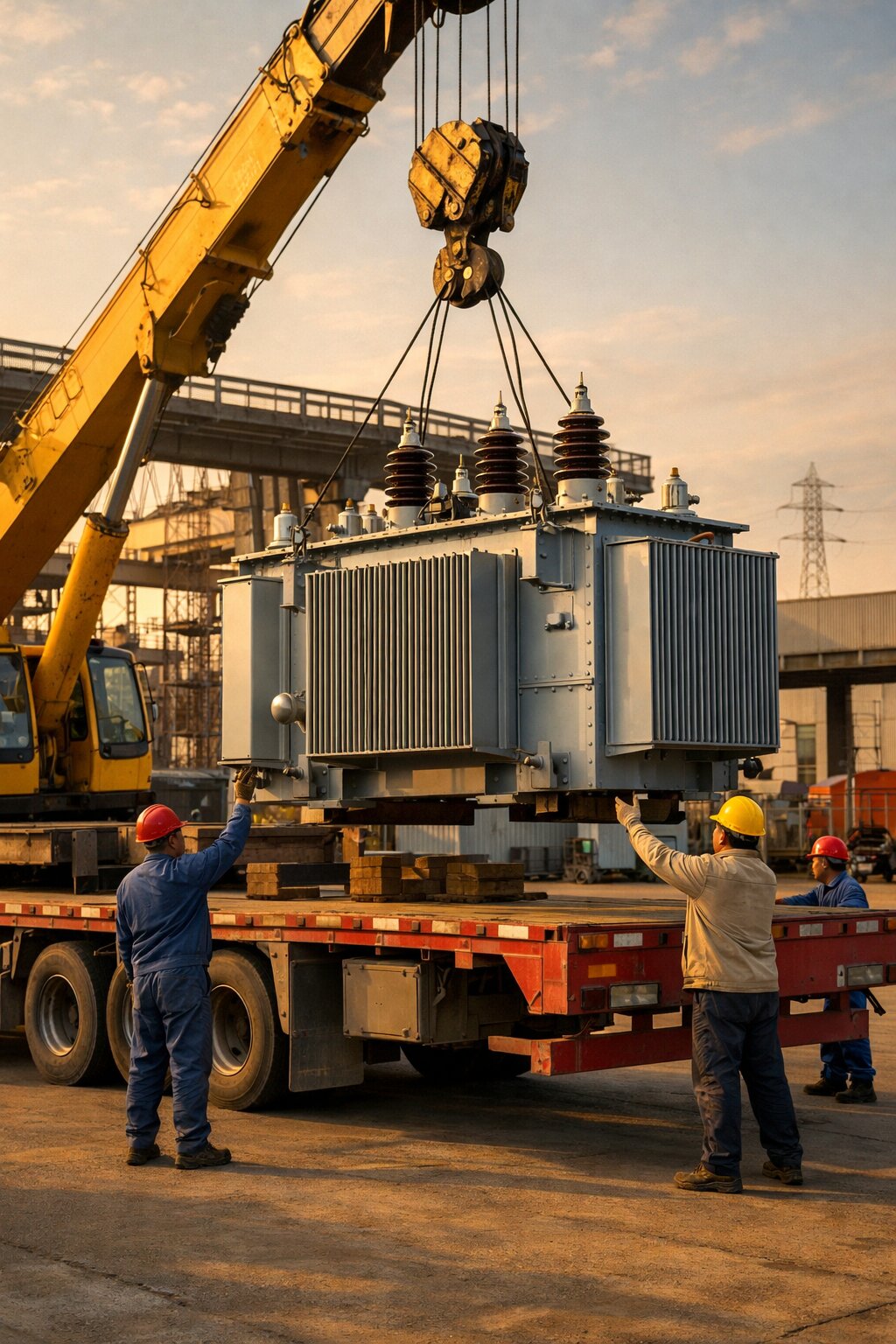 Transformer procurement - medium-voltage transformer being loaded for export at Chinese factory