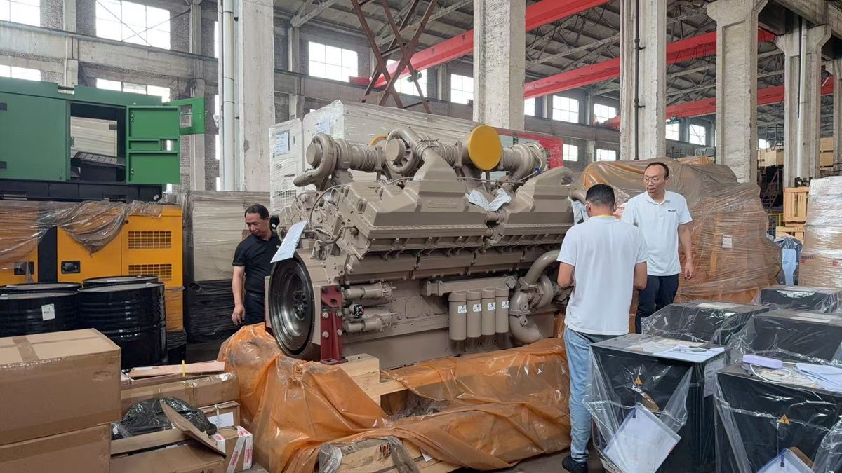 Factory acceptance test — engineers inspecting diesel generator assembly in China