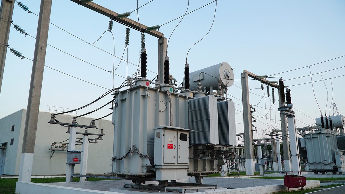 Medium-voltage power transformer at electrical substation