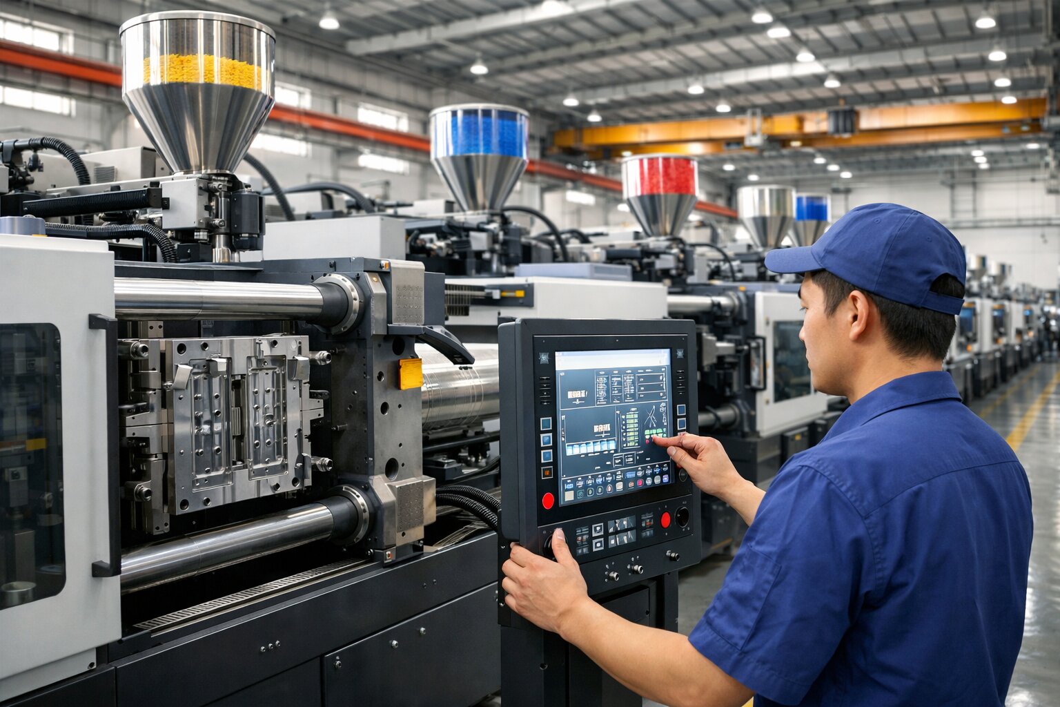 Operator verifying plastic parts exiting mold